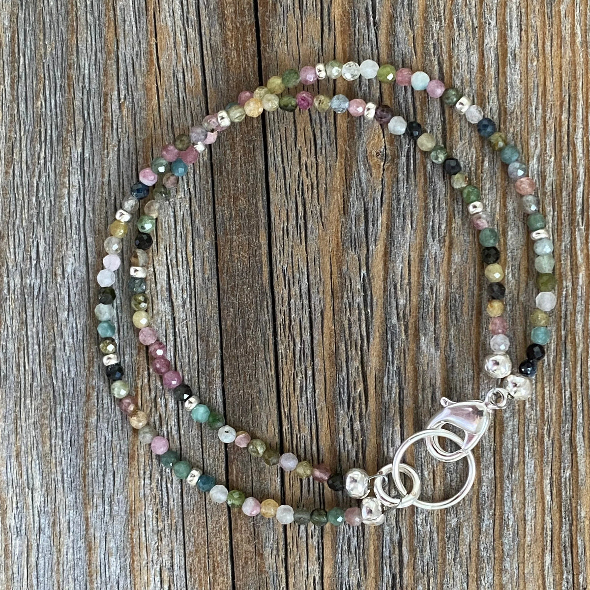 Watermelon Tourmaline Beaded Anklet Bracelet, Silver Seed Beads, Boho Chic