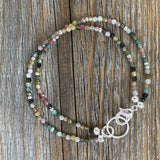 Watermelon Tourmaline Beaded Anklet Bracelet, Silver Seed Beads, Boho Chic