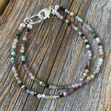 Watermelon Tourmaline Beaded Anklet Bracelet, Silver Seed Beads, Boho Chic