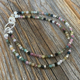 Watermelon Tourmaline Beaded Anklet Bracelet, Silver Seed Beads, Boho Chic