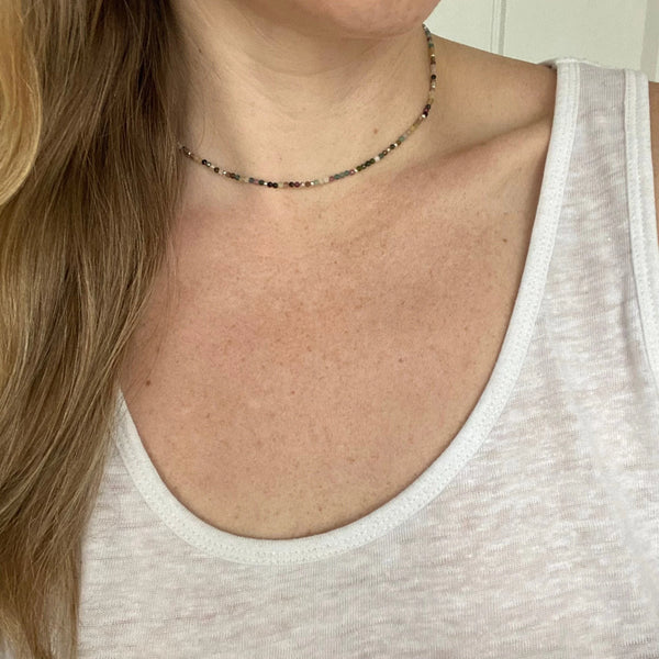 Watermelon Tourmaline Choker, Tiny Gemstone Layering Necklace