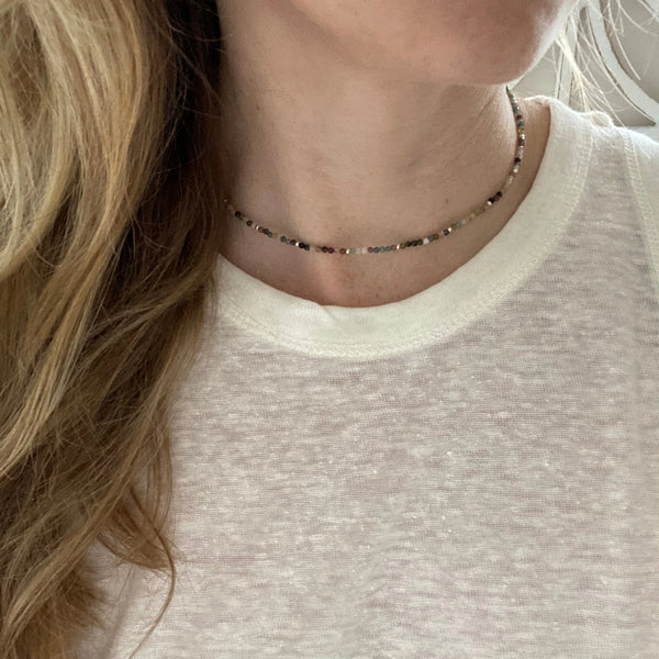 Watermelon Tourmaline Choker, Tiny Gemstone Layering Necklace