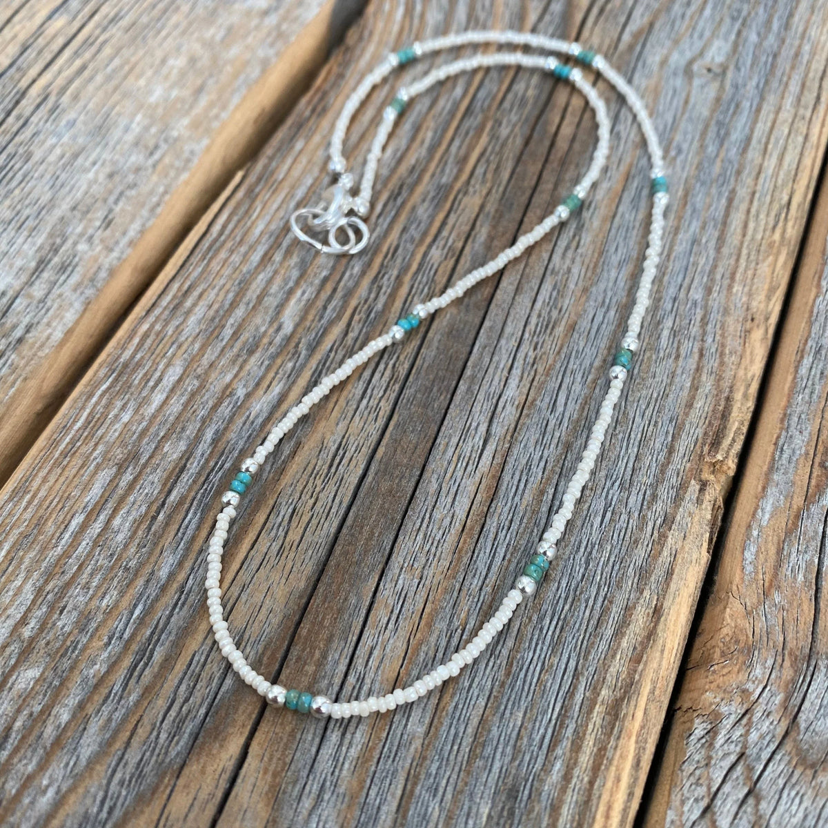 White & Teal Beaded Choker – Sterling Silver, Beach Jewelry