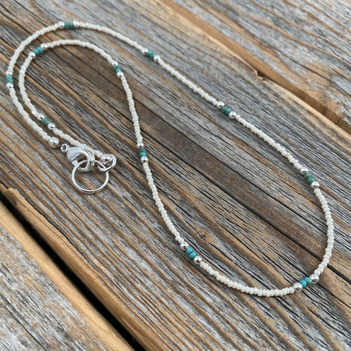 White & Teal Beaded Choker – Sterling Silver, Beach Jewelry