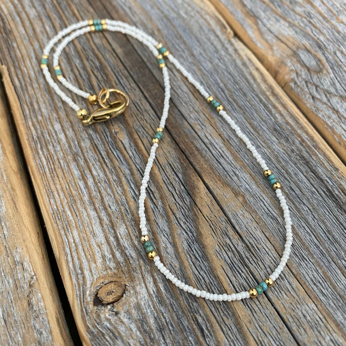 White & Teal Beaded Choker – Sterling Silver, Beach Jewelry