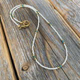 White & Teal Beaded Choker – Sterling Silver, Beach Jewelry