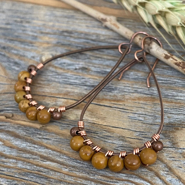 Wood Jasper Wire Wrapped Copper Earrings