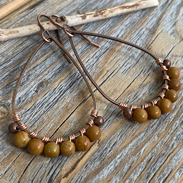 Wood Jasper Wire Wrapped Copper Earrings