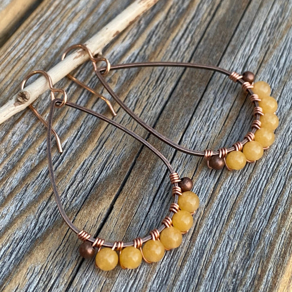 Yellow Jasper Teardrop Earrings – Handmade Copper Wire Wrapped Jewelry