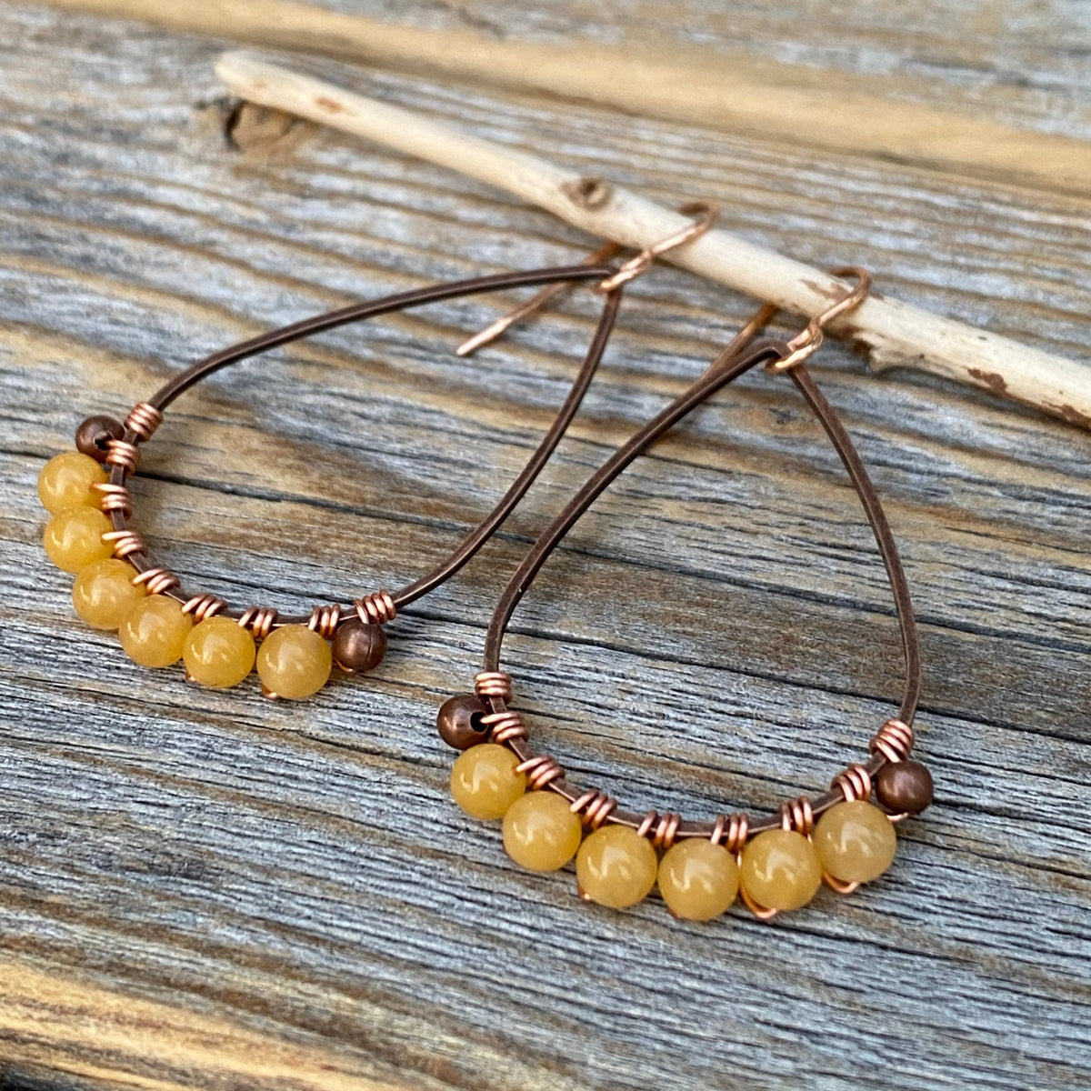 Yellow Jasper Teardrop Earrings – Handmade Copper Wire Wrapped Jewelry