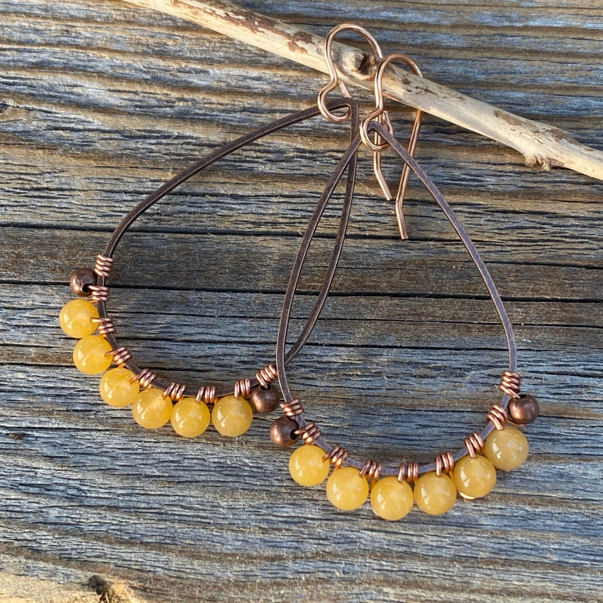 Yellow Jasper Teardrop Earrings – Handmade Copper Wire Wrapped Jewelry