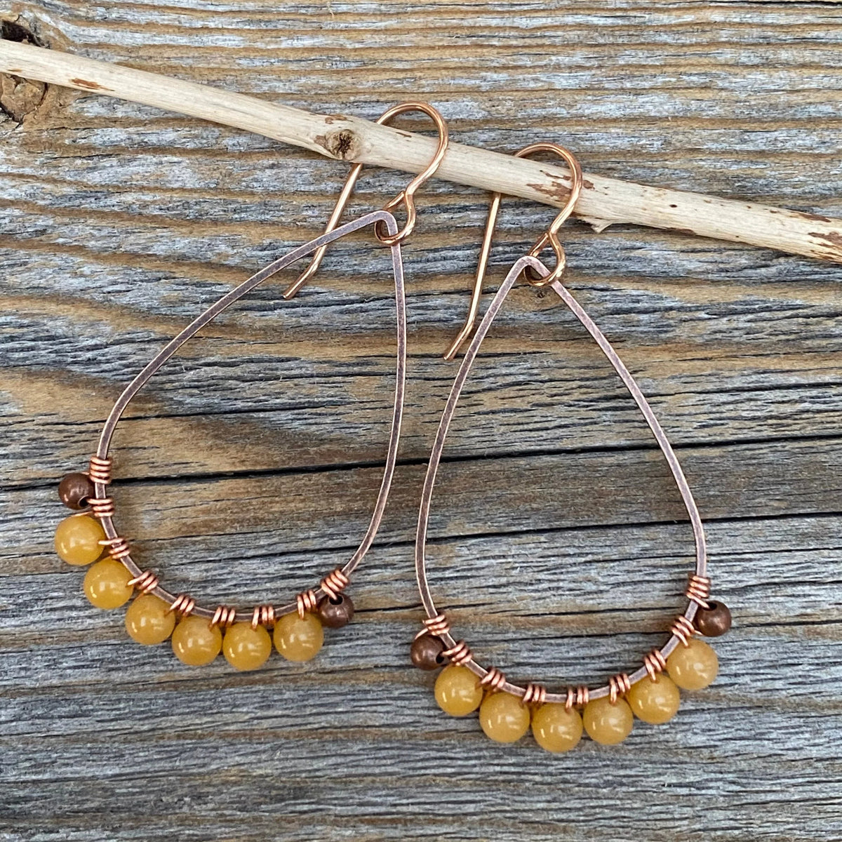 Yellow Jasper Teardrop Earrings – Handmade Copper Wire Wrapped Jewelry
