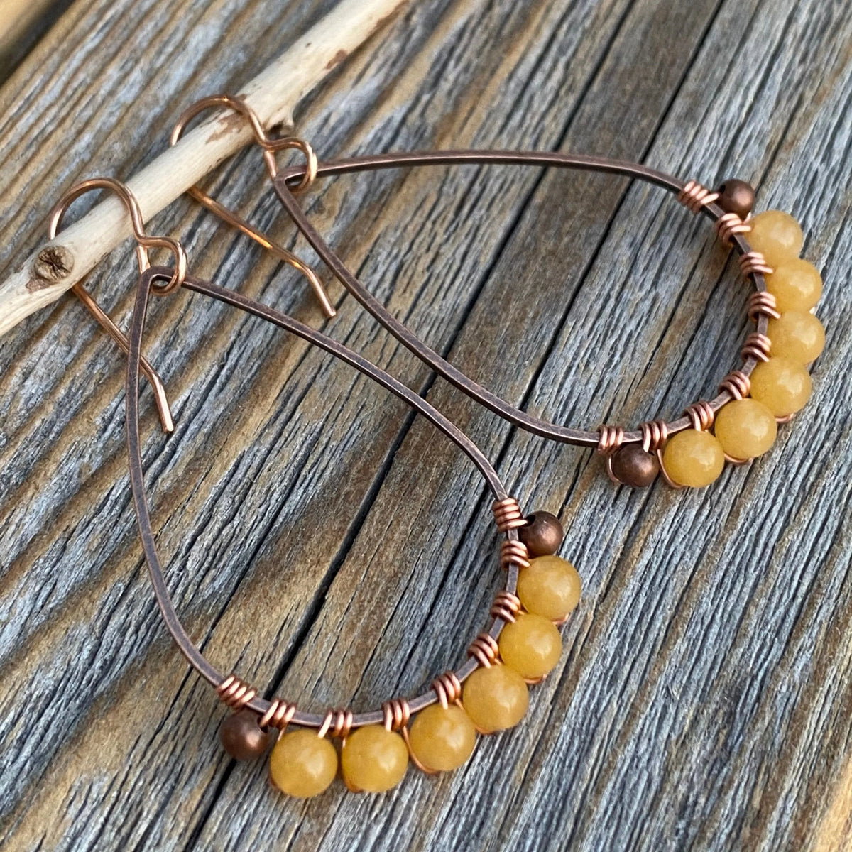 Yellow Jasper Teardrop Earrings – Handmade Copper Wire Wrapped Jewelry