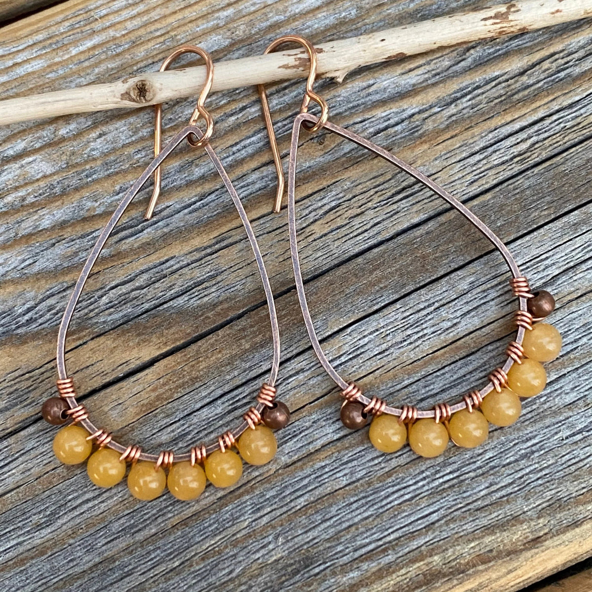 Yellow Jasper Teardrop Earrings – Handmade Copper Wire Wrapped Jewelry