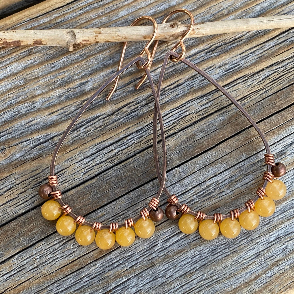Yellow Jasper Teardrop Earrings – Handmade Copper Wire Wrapped Jewelry