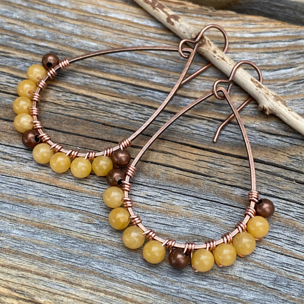 Yellow Jasper Teardrop Hoop Earrings, Copper Wire Wrapped Boho Dangles