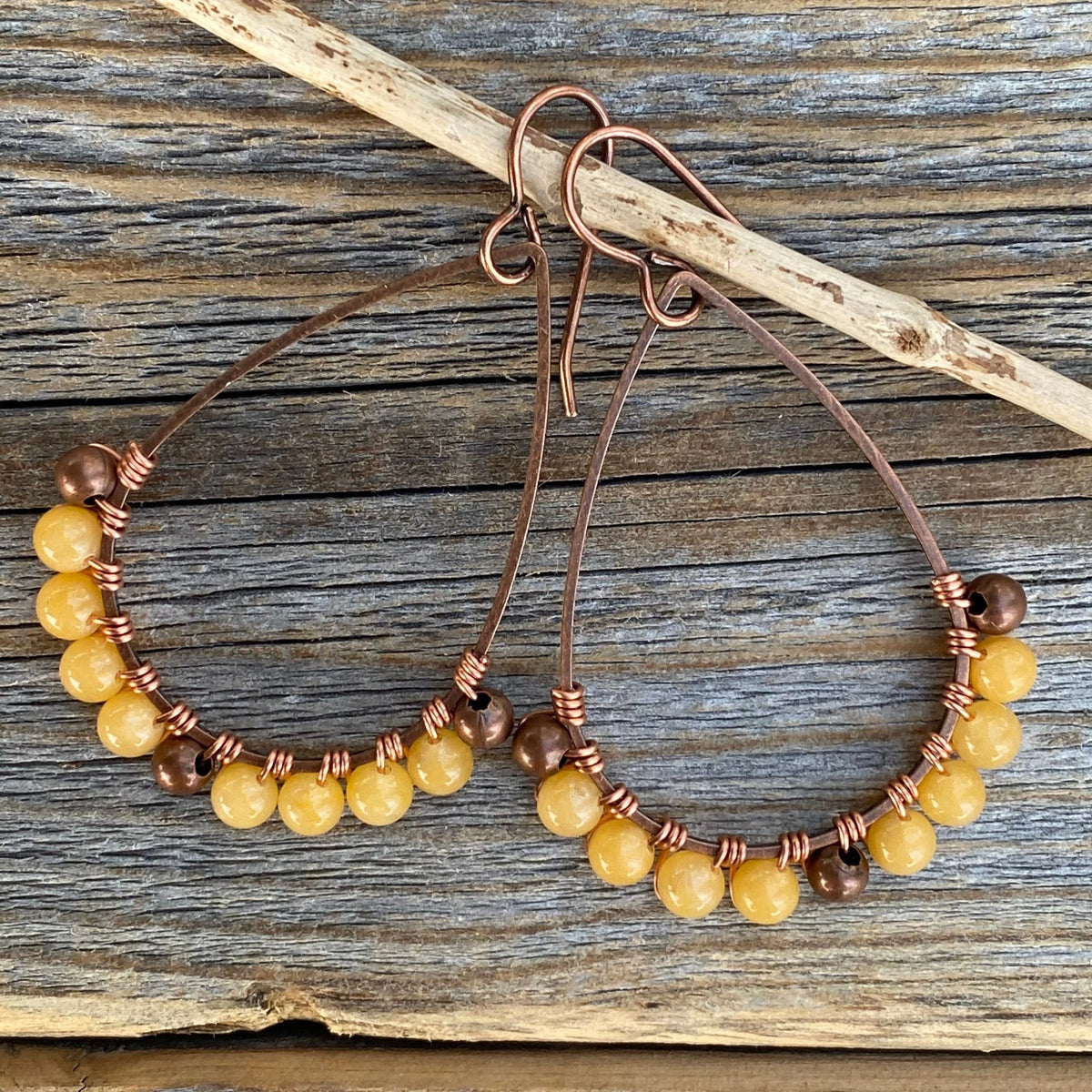 Yellow Jasper Teardrop Hoop Earrings, Copper Wire Wrapped Boho Dangles