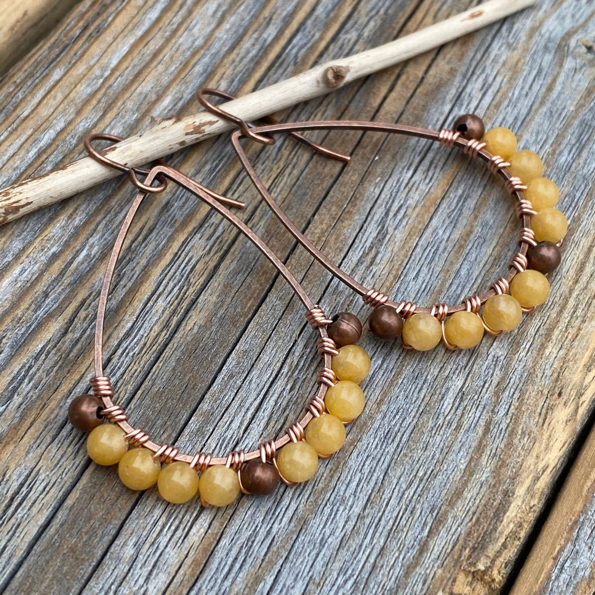 Yellow Jasper Teardrop Hoop Earrings, Copper Wire Wrapped Boho Dangles