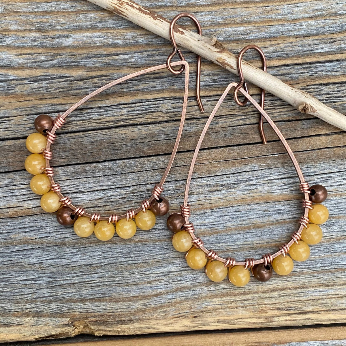 Yellow Jasper Teardrop Hoop Earrings, Copper Wire Wrapped Boho Dangles