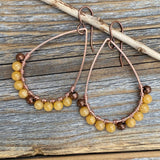 Yellow Jasper Teardrop Hoop Earrings, Copper Wire Wrapped Boho Dangles