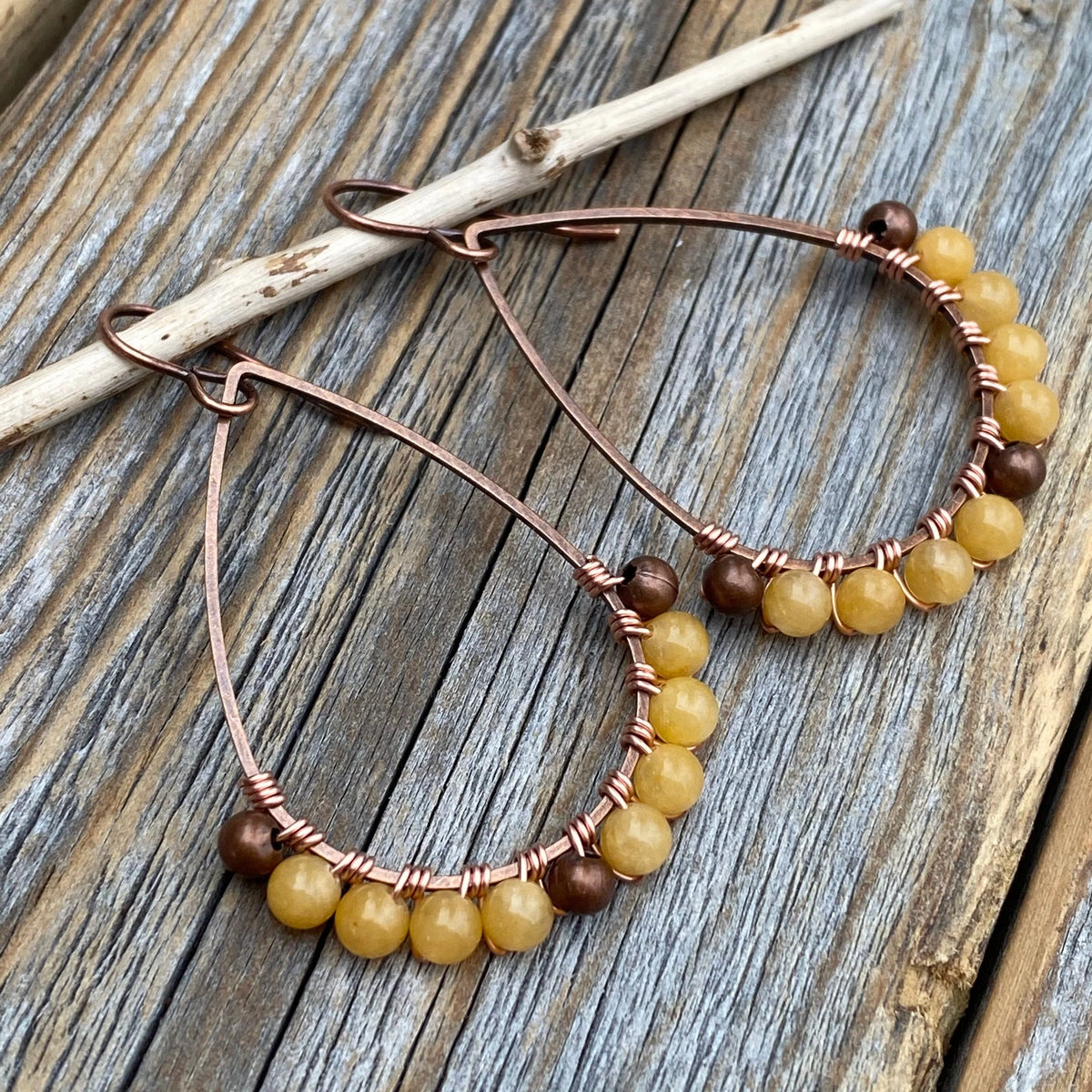 Yellow Jasper Teardrop Hoop Earrings, Copper Wire Wrapped Boho Dangles
