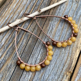 Yellow Jasper Teardrop Hoop Earrings, Copper Wire Wrapped Boho Dangles