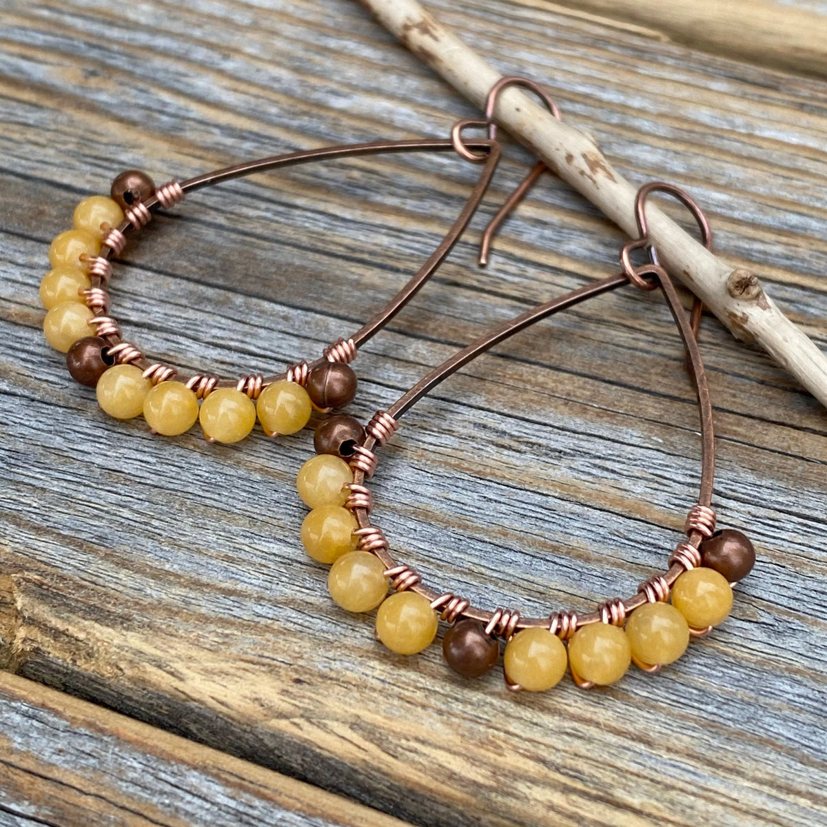 Yellow Jasper Teardrop Hoop Earrings, Copper Wire Wrapped Boho Dangles