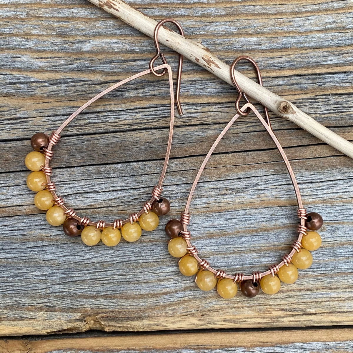 Yellow Jasper Teardrop Hoop Earrings, Copper Wire Wrapped Boho Dangles