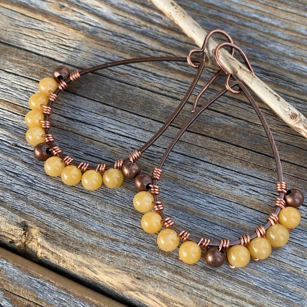 Yellow Jasper Teardrop Hoop Earrings, Copper Wire Wrapped Boho Dangles